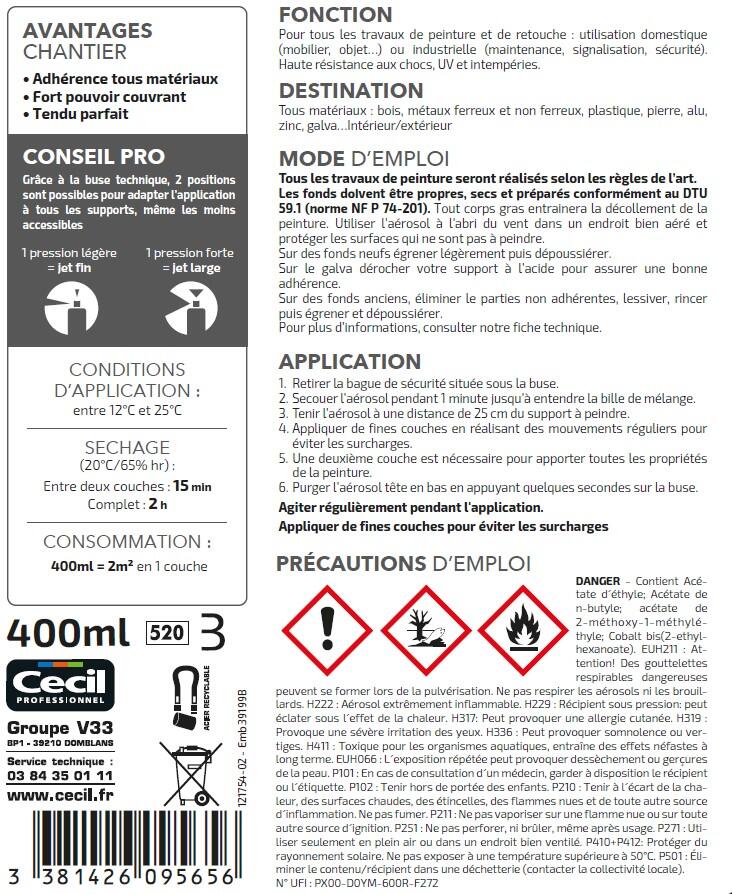 Peinture aérosol tous matériaux int/ext satin ivoire RAL1015 400 ml - CECIL PRO - 5