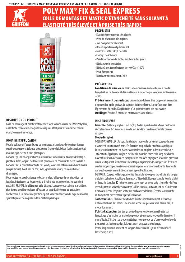 Mastic colle de montage crystal 300 g Polymax Fix & Seal Express - GRIFFON - 2