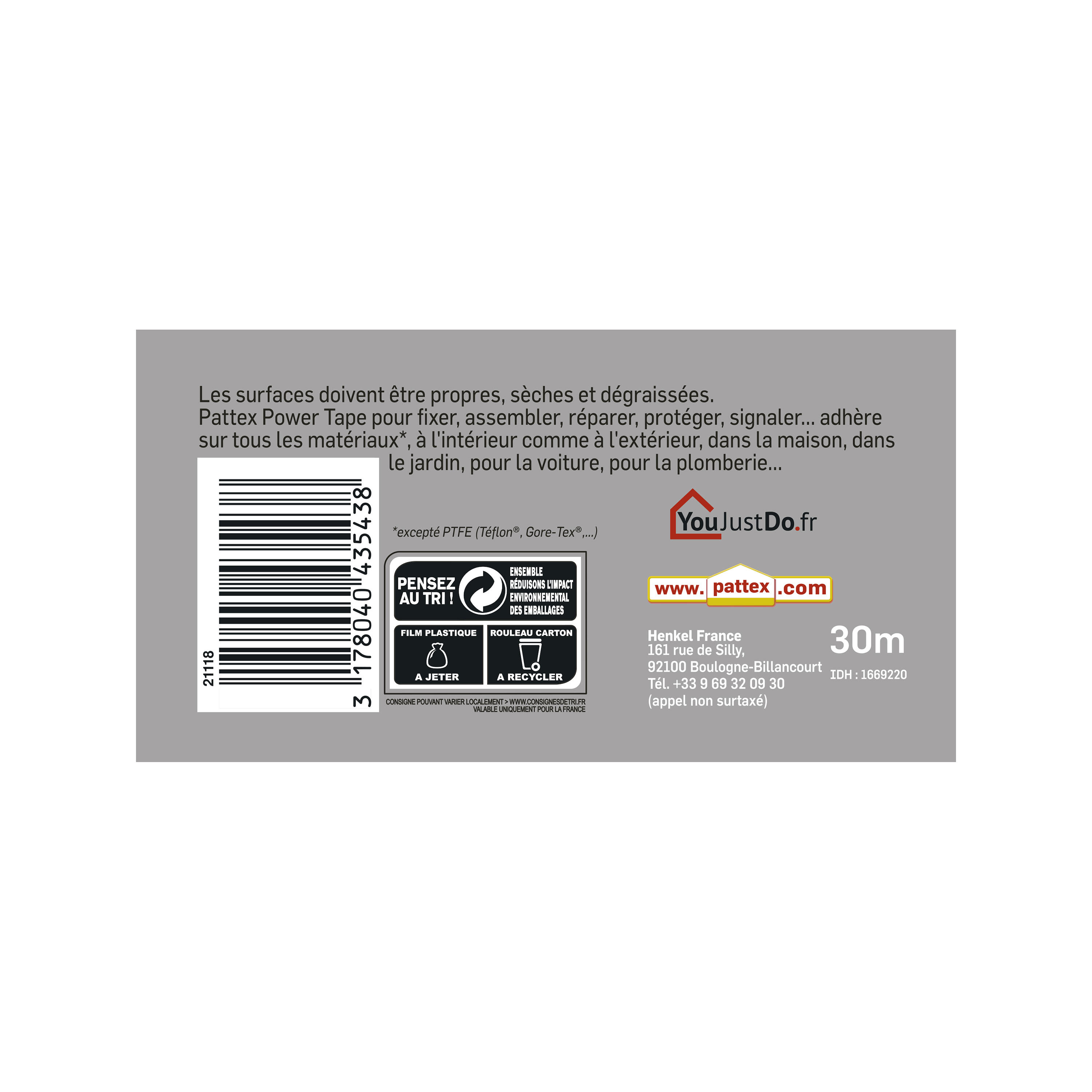 Adhésif de réparation gris l.48 mm x L.30 m Power Tape - PATTEX - 5