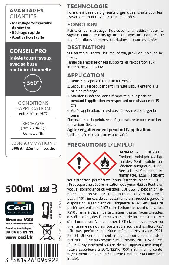 Peinture aérosol de marquage temporaire courte durée orange 500 ml - CECIL PRO - 4