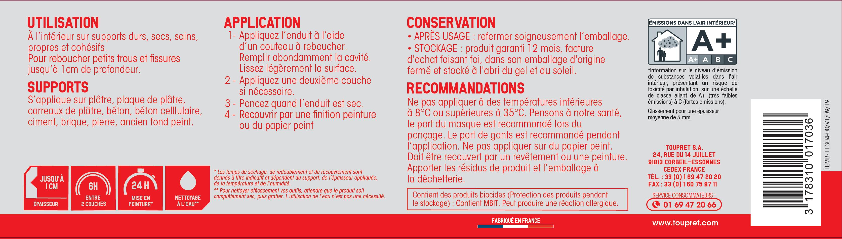 Enduit de rebouchage en pâte intérieur 4 kg - TOUPRET - 5