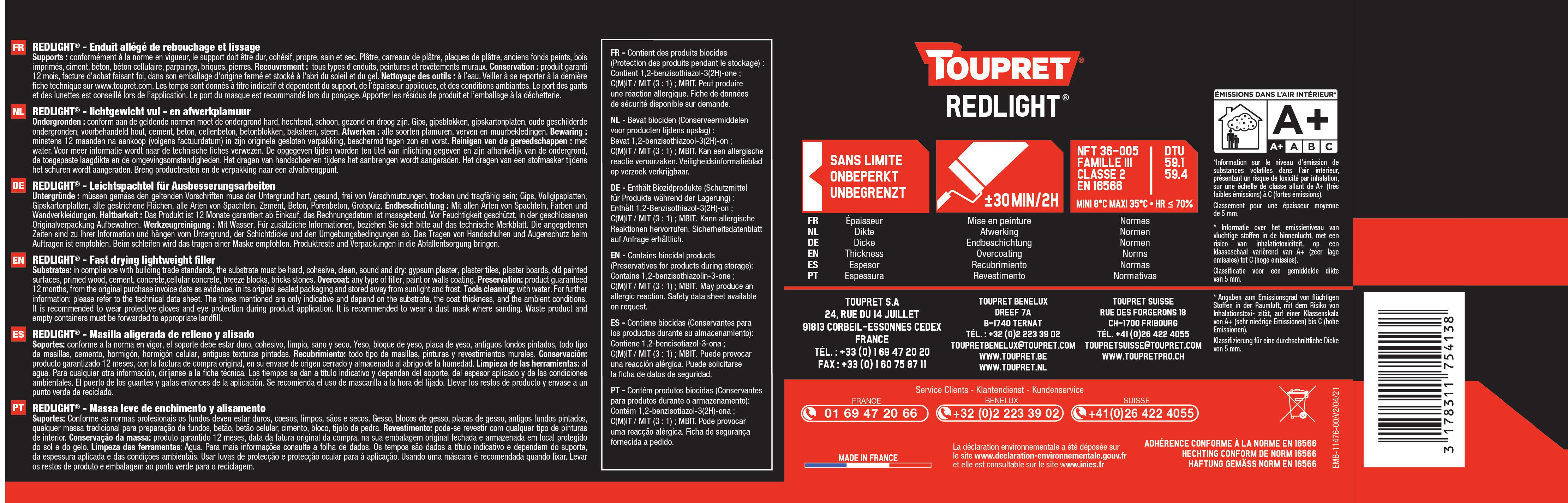 Enduit de rebouchage en pâte allégé intérieur 4 L - Redlight TOUPRET - 3