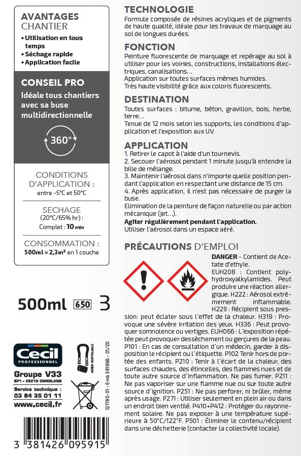 Peinture aérosol de marquage temporaire longue durée jaune 500 ml - CECIL PRO - 4