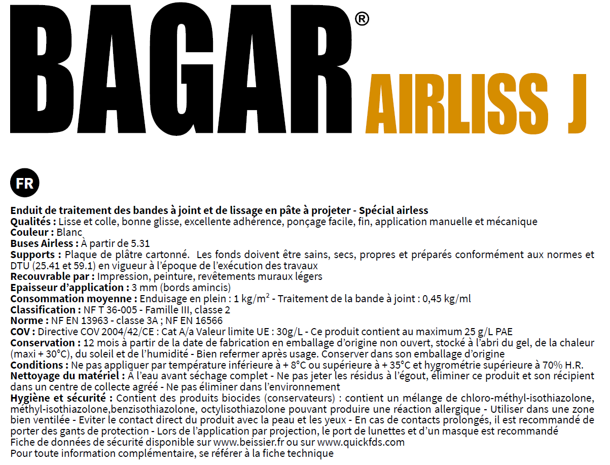 Enduit bande à joint en pâte airless intérieur 25 kg - Airliss J BAGAR - 3