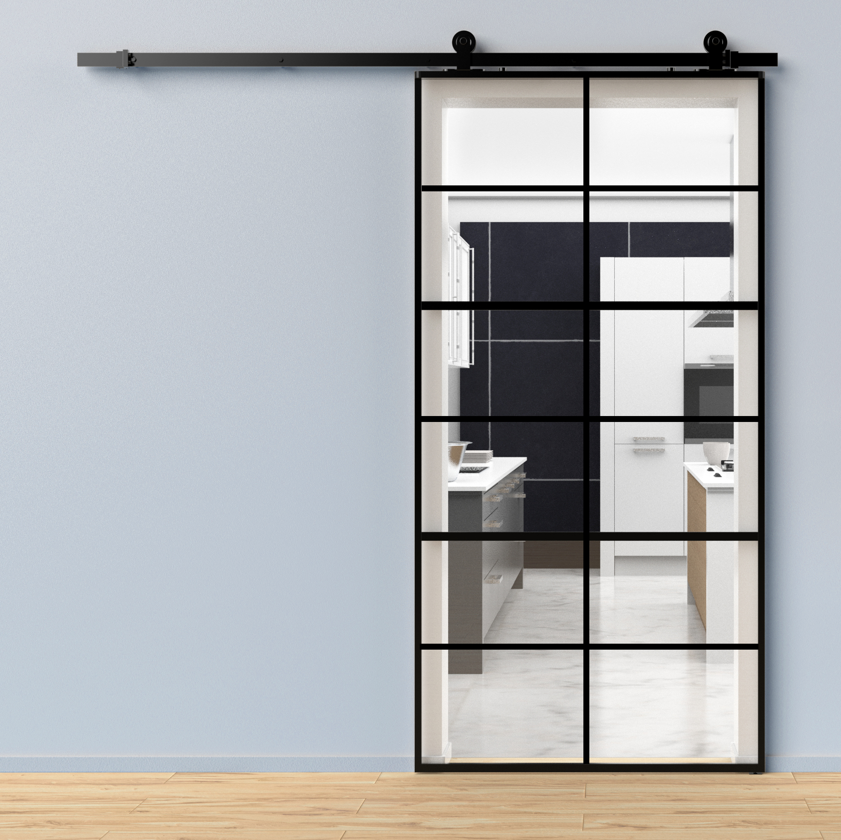 Porta scorrevole reversibile 12V trasparente in acciaio trasparente, L 96 x H 215 cm, con binario Industrial - 2