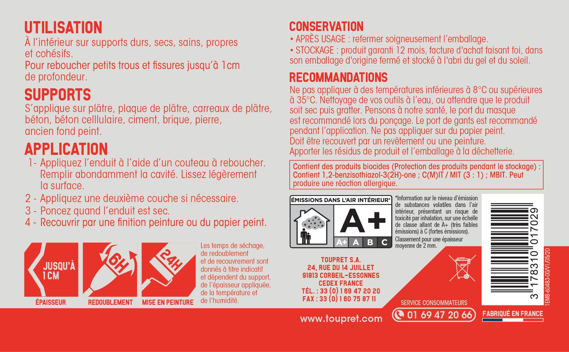 Enduit de rebouchage en pâte intérieur 1,5 kg - TOUPRET - 5