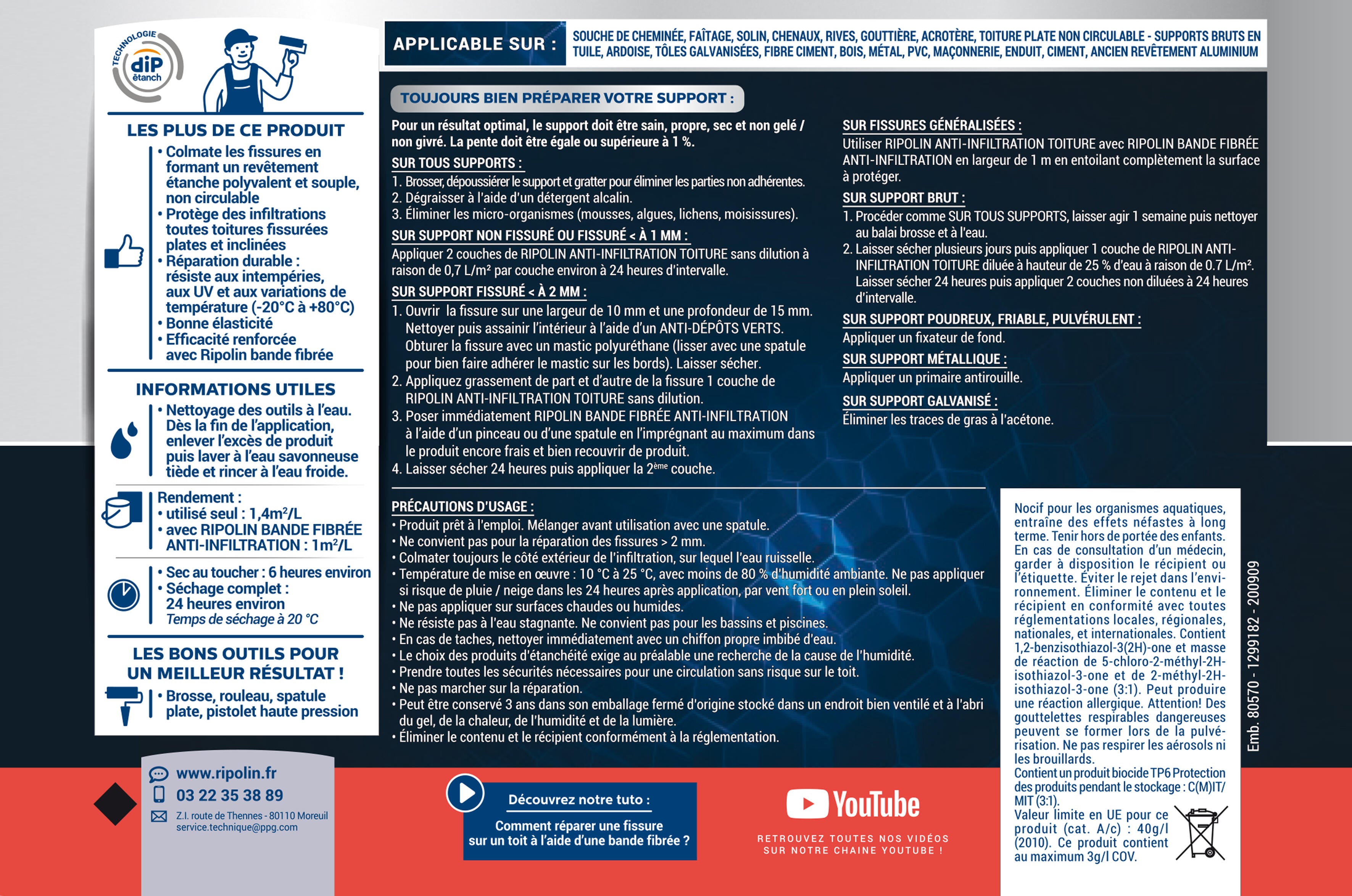 Revêtement d'étanchéité Anti-infiltration toiture dip etanch gris RIPOLIN 0.75L - 7
