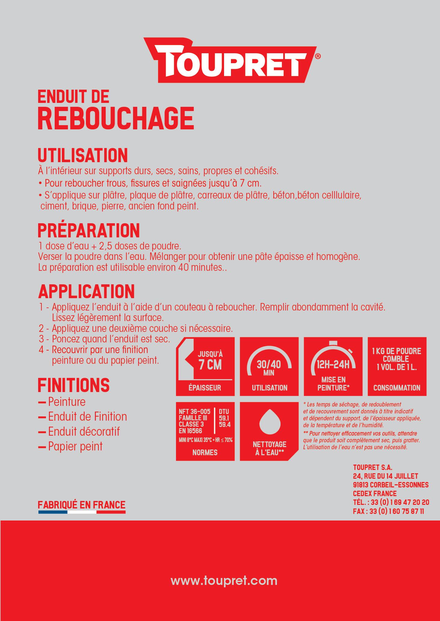 Enduit de rebouchage en poudre intérieur 1 kg - R TOUPRET - 2