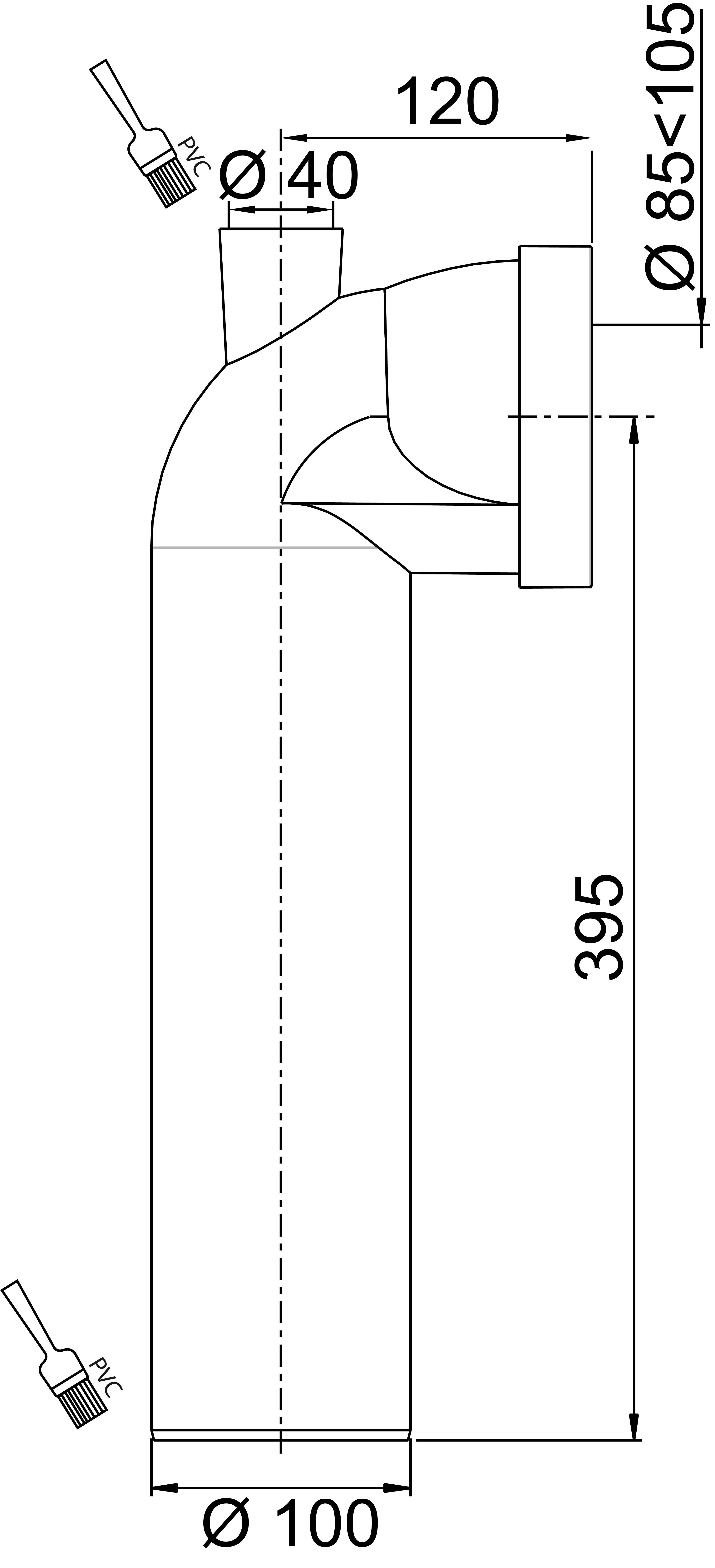 Pipe WC rigide longue coudée mâle Ø100 mm avec piquage femelle Ø40 mm  - 3