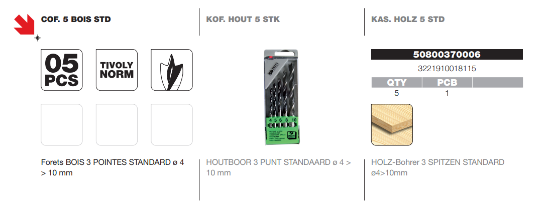 Coffret de 5 mèches à bois Diam.4 à 10 mm - TIVOLY - 3