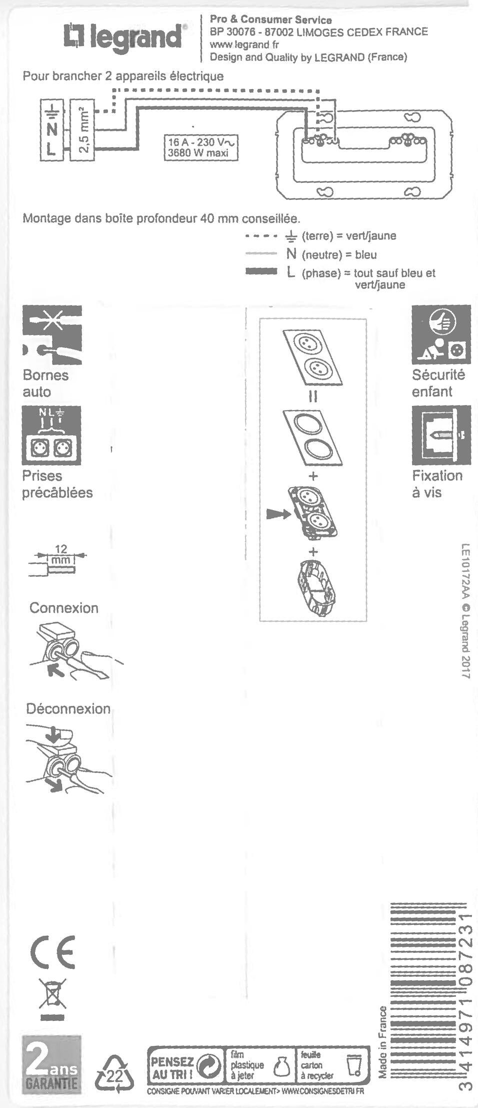 Double prise de courant 2P+T  DOOXIE  - LEGRAND  - 3