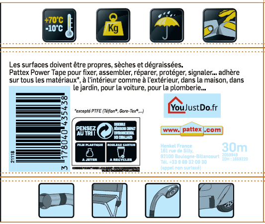 Adhésif de réparation gris l.48 mm x L.30 m Power Tape - PATTEX - 4