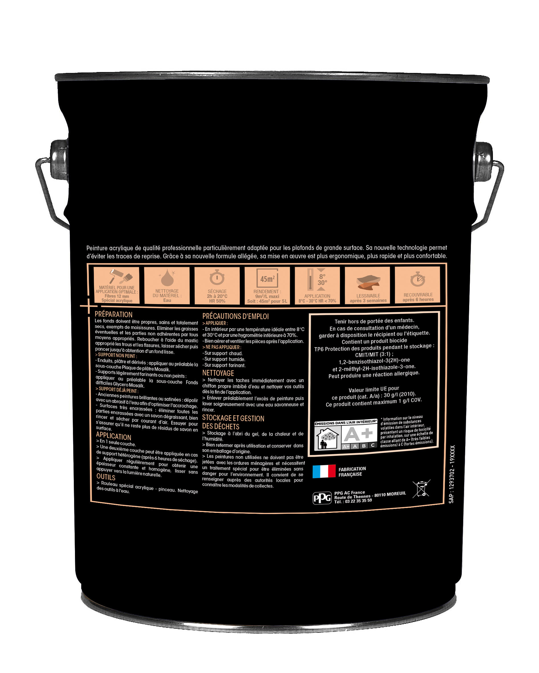 Peinture plafond spéciale grande surface acrylique mat blanc 5 L - MOSAÏK - 2