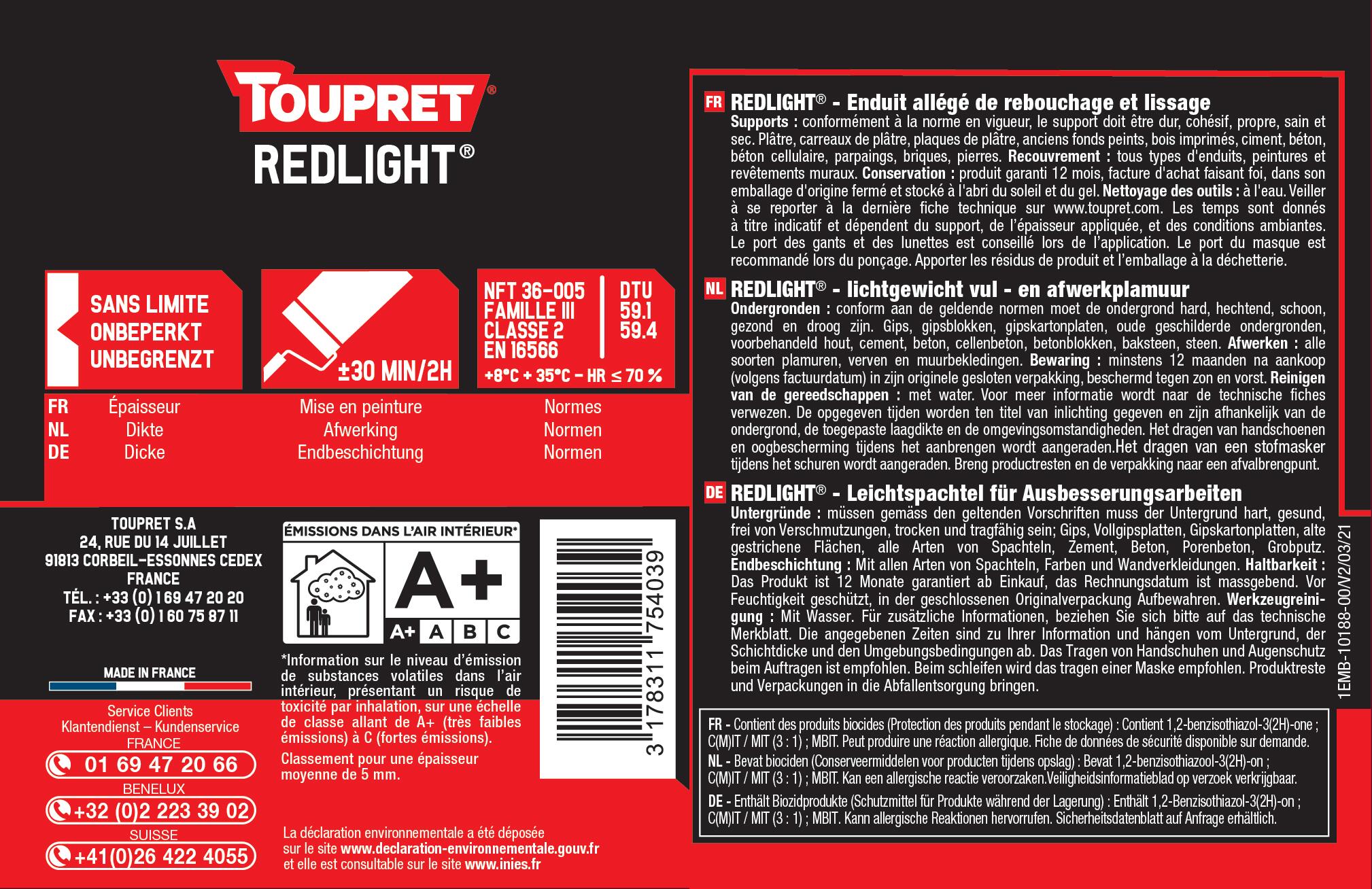 Enduit de rebouchage en pâte allégé intérieur 1 L - Redlight TOUPRET - 3