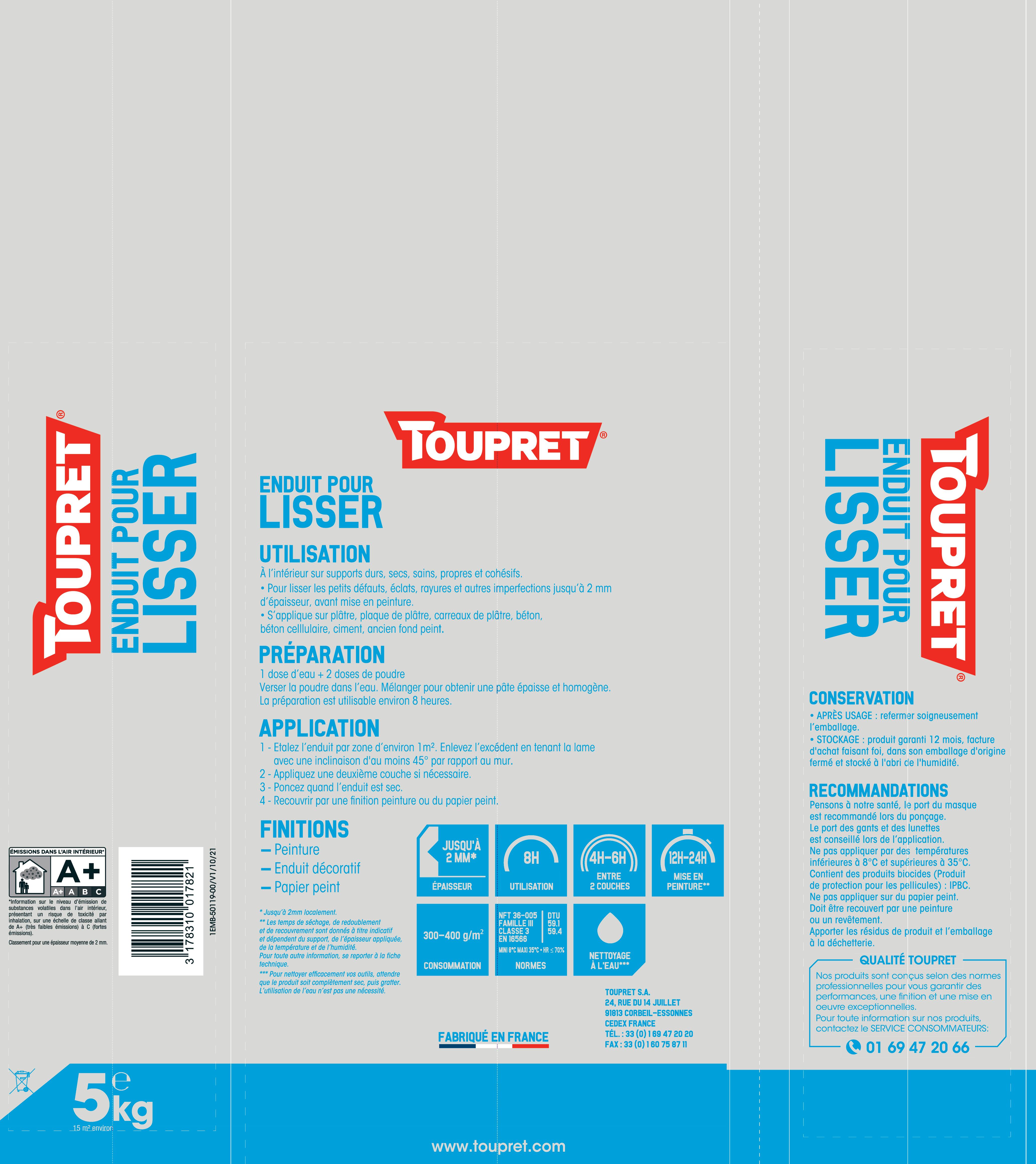 Enduit de lissage en poudre intérieur 5 kg - F TOUPRET - 3