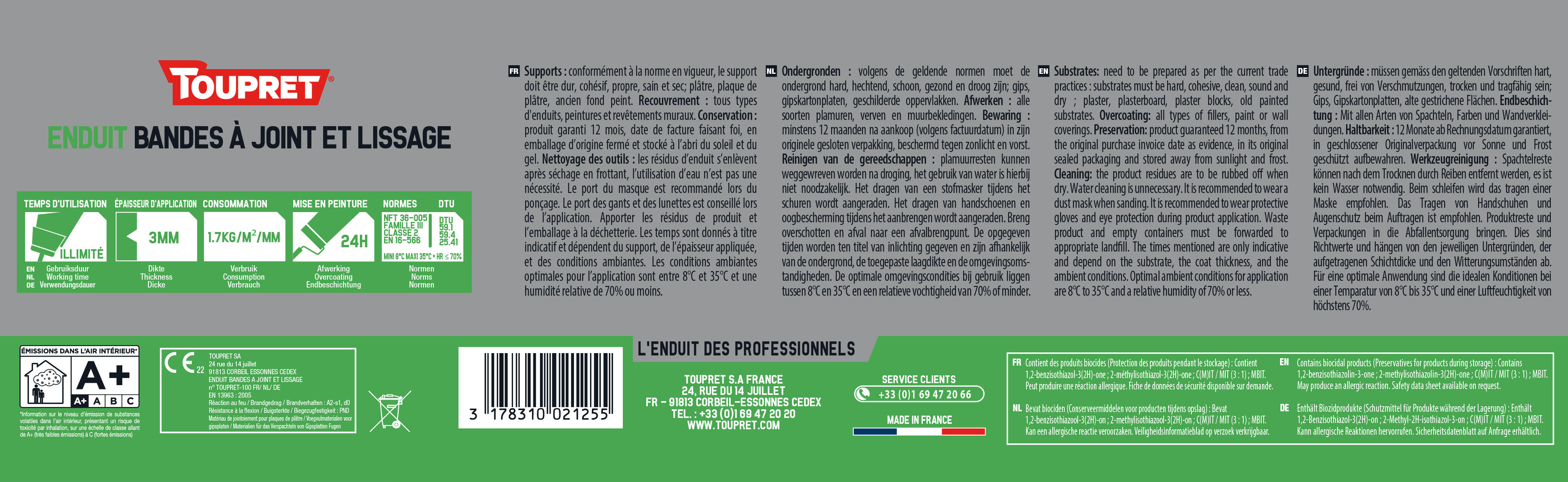 Enduit bande à joint lissage en pâte 2en1 intérieur 4 kg BJL - TOUPRET - 4