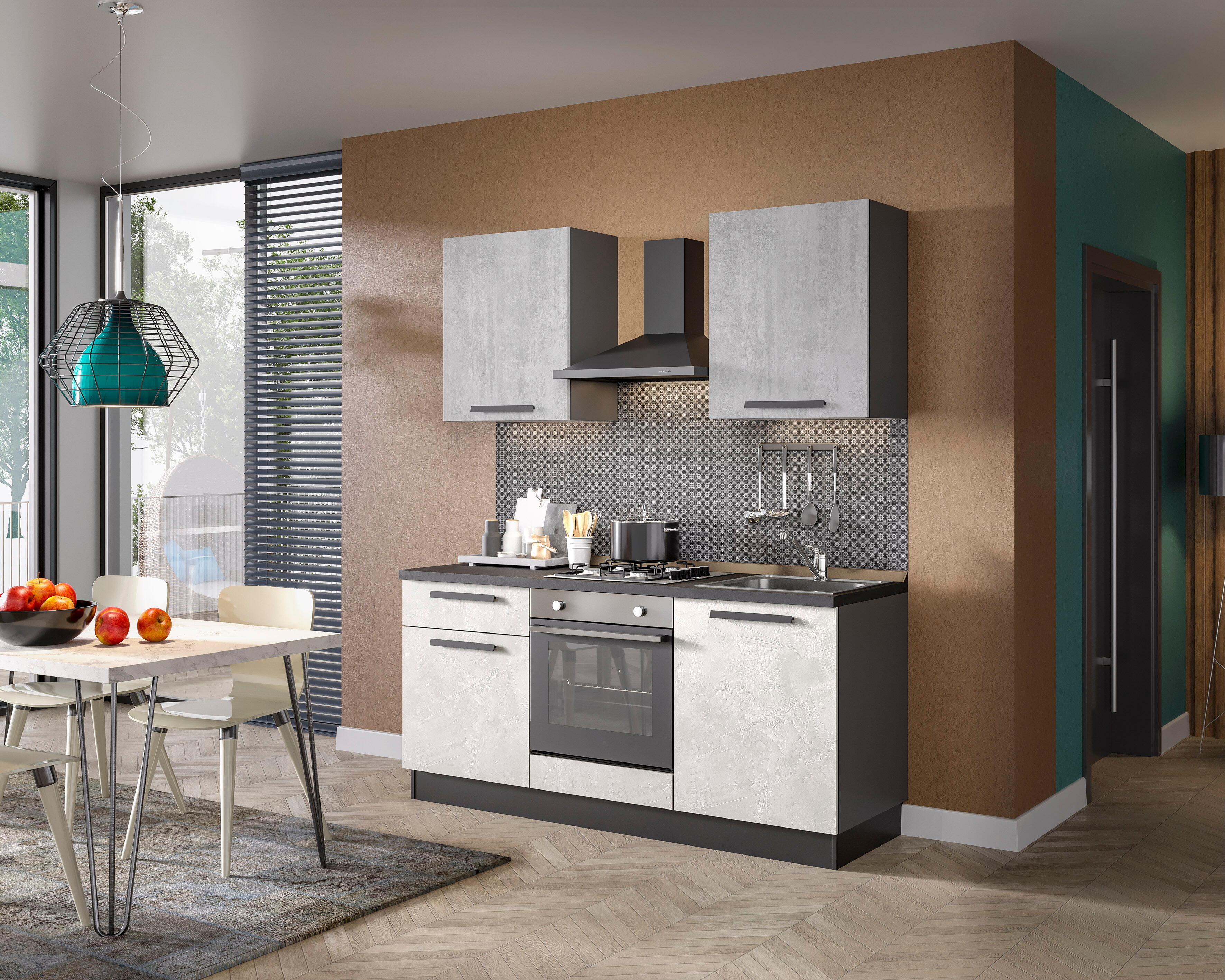 Angolo Cottura Moderno Stella Trading - Cucina Senza Elettrodomestici, In Legno Ingegnerizzato Bianco/Rovere, 280x168x58 Cm - Foto 8