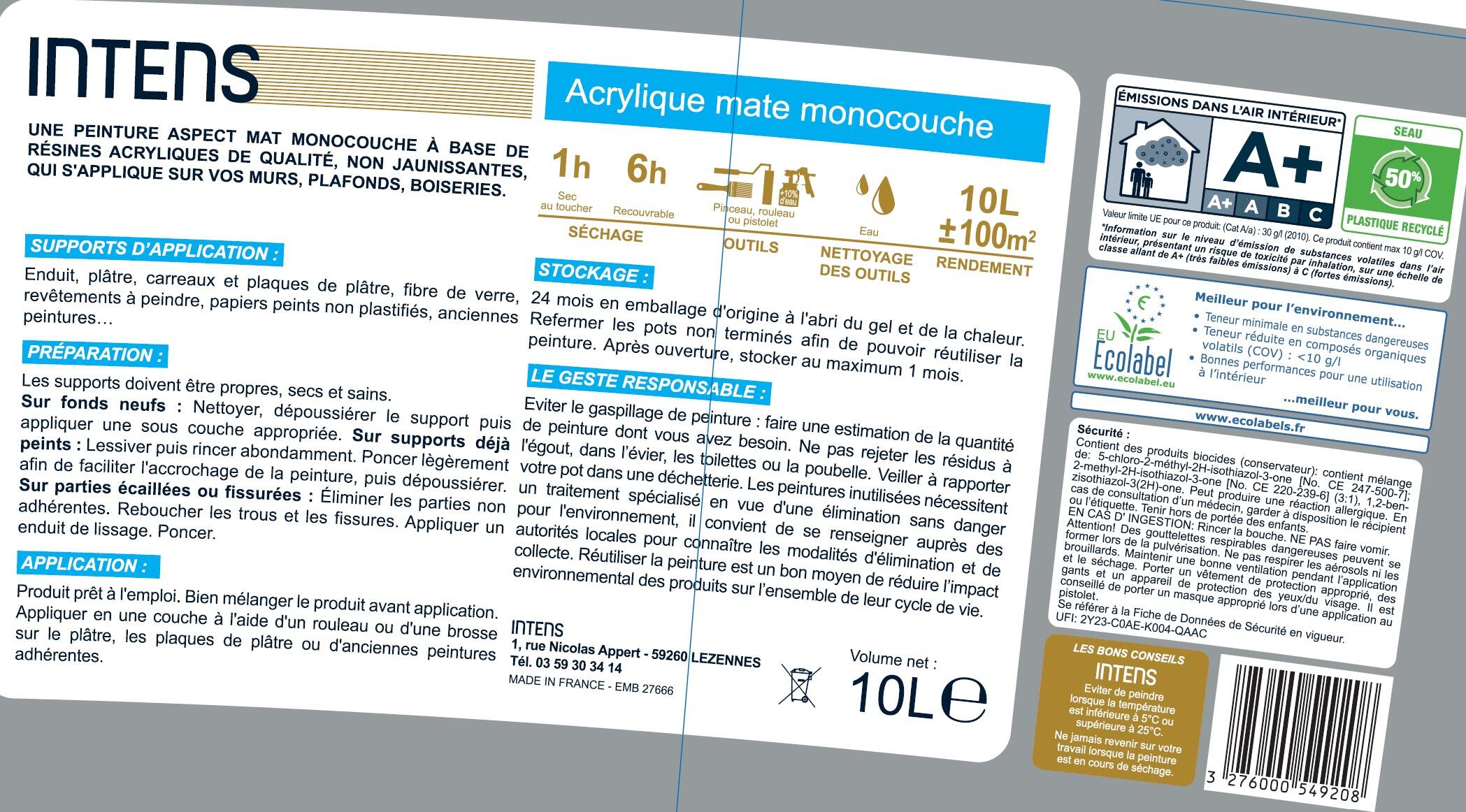 Peinture intérieure murs et plafonds acrylique monocouche mat blanc 10 L - INTENS - 2