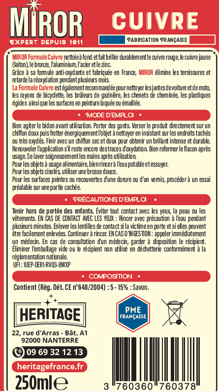 Nettoyant métaux cuivre 250 ml - MIROR - 2