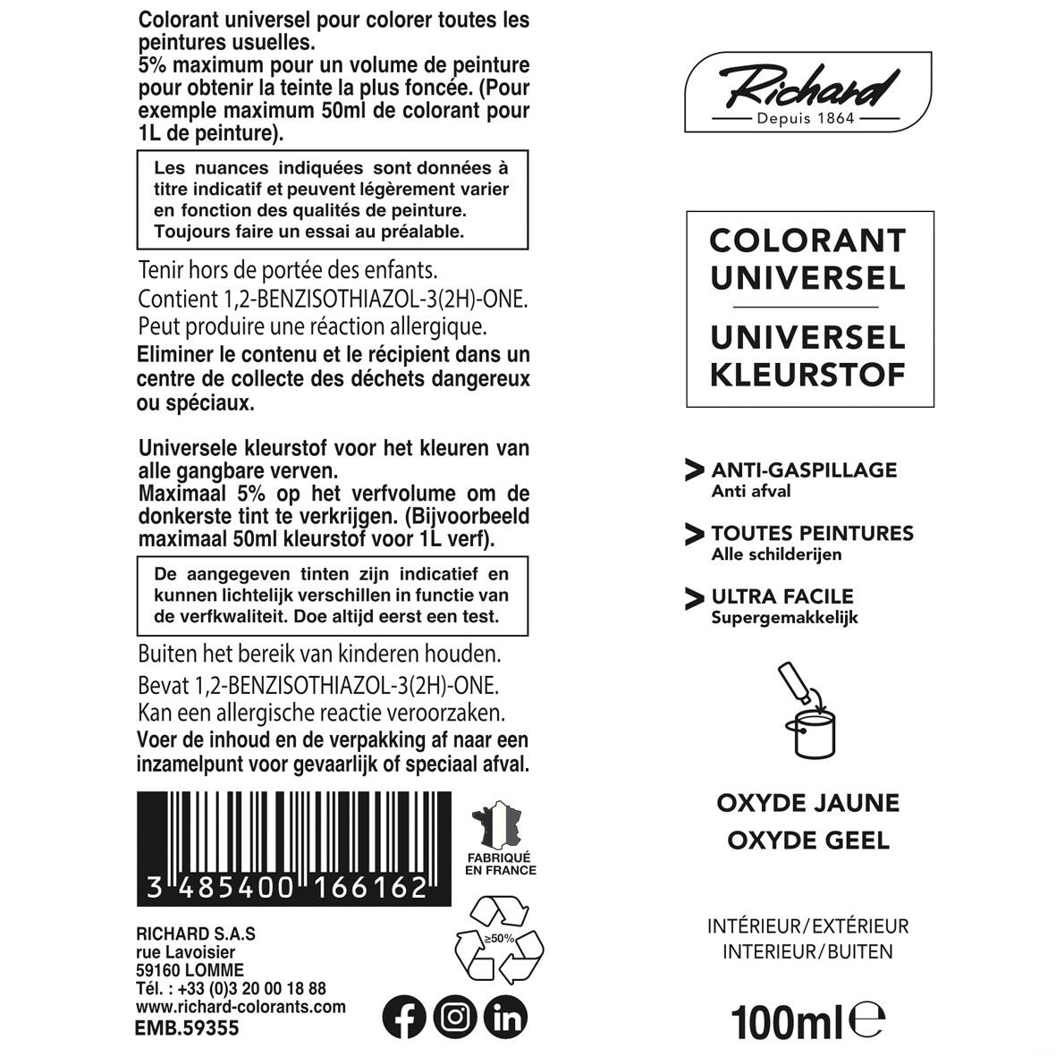 Colorant universel pour peinture aqueuse ou solvantée oxyde jaune 100 ml - RICHARD COLORANT - 2