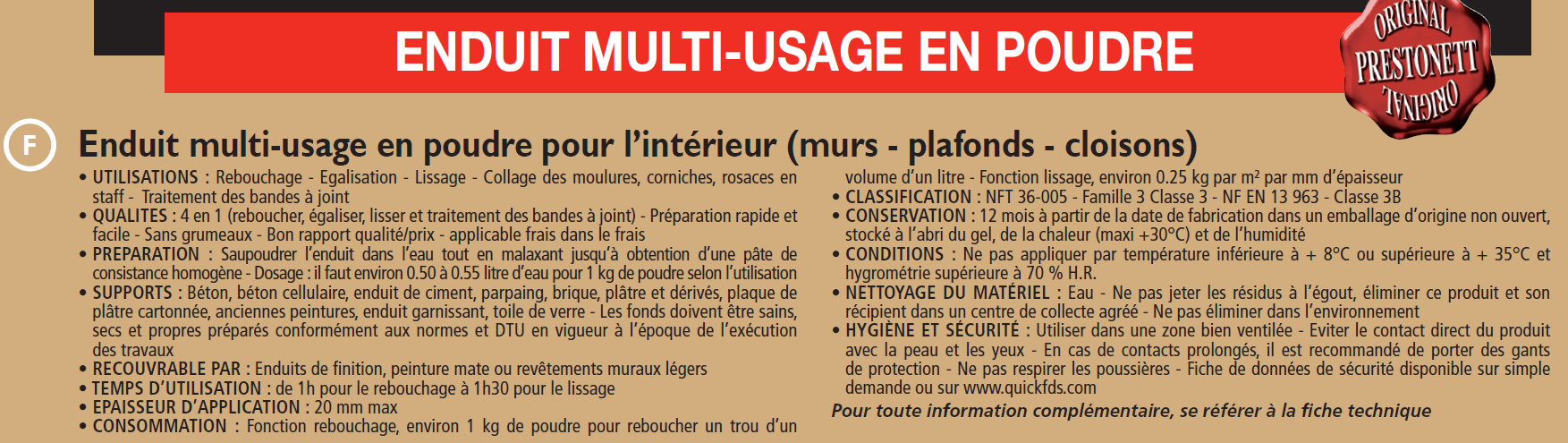 Enduit multi-usages en poudre intérieur 5 kg - M 4en1 PRESTONETT - 2