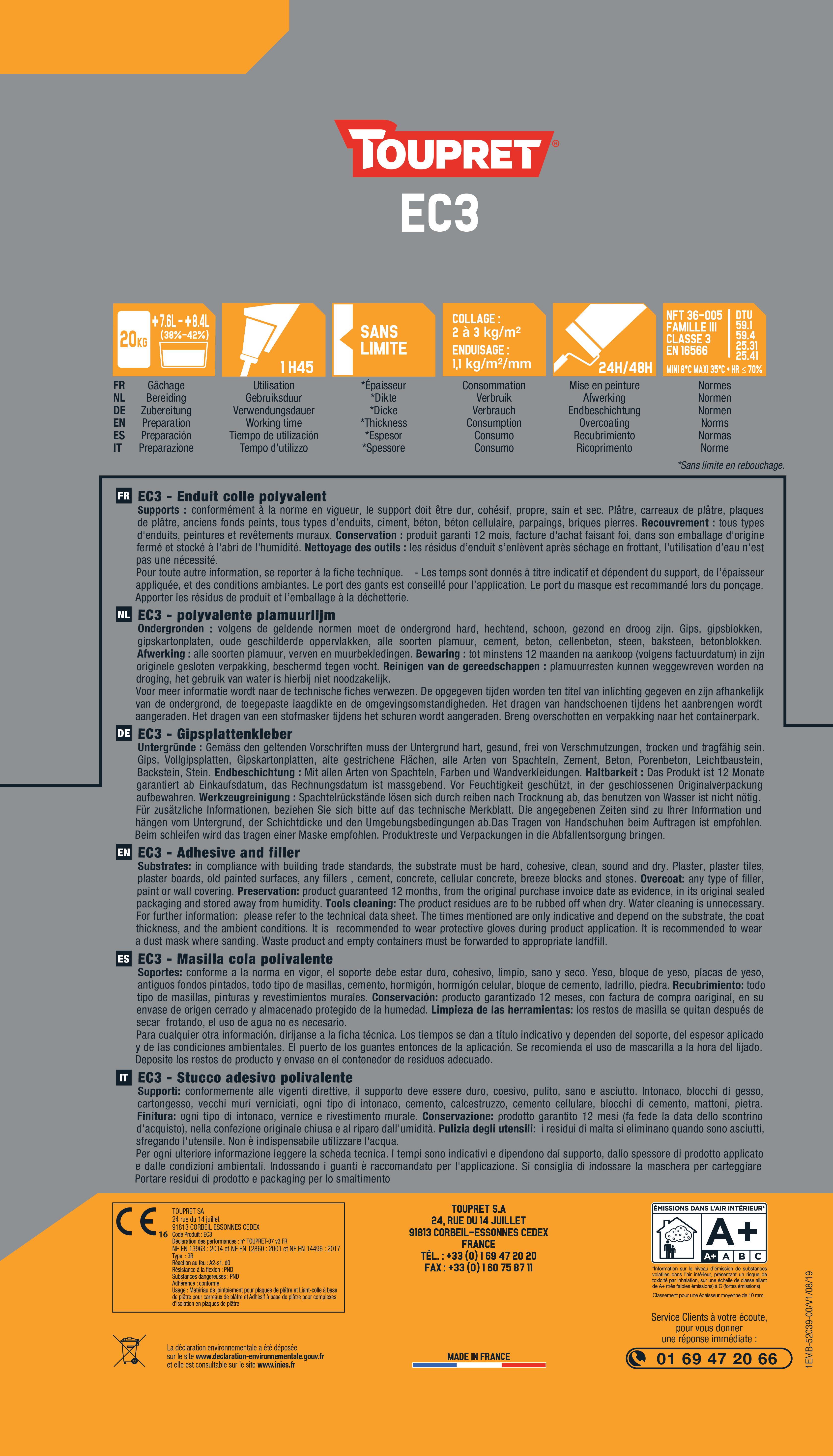 Enduit colle en poudre intérieur 20 kg - EC3 TOUPRET - 3