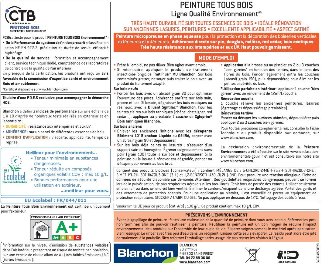 Peinture tous bois acrylique blanc 2,5 L - BLANCHON - 2