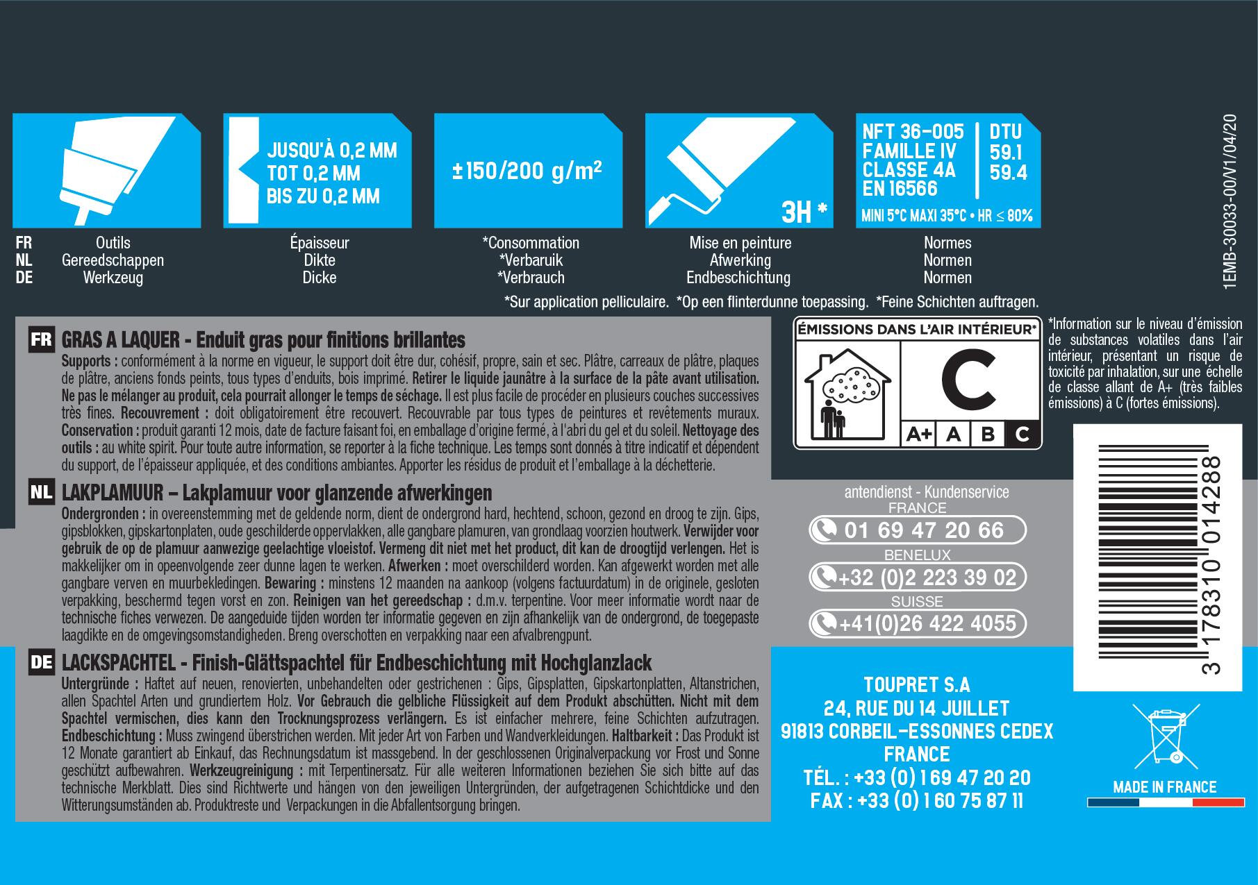 Enduit spécifique gras en pâte intérieur & extérieur 1 kg - TOUPRET - 3