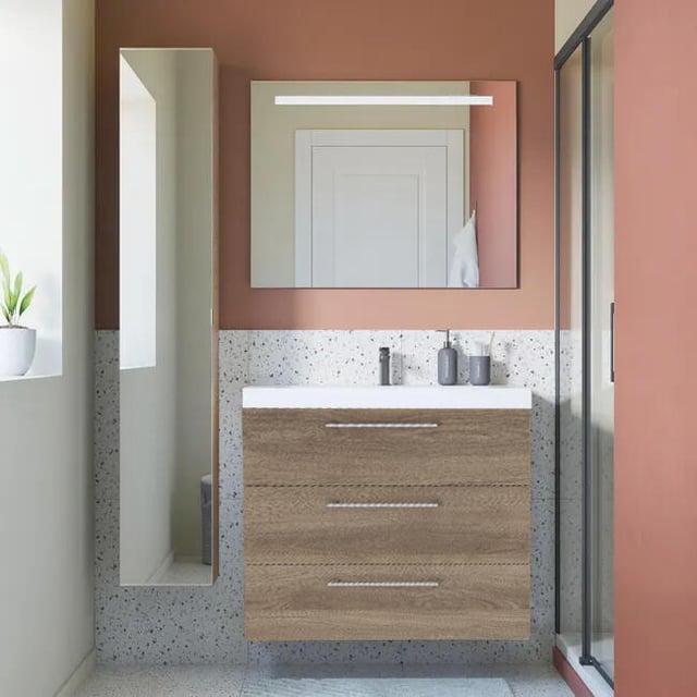 Mobile bagno sospeso con lavabo L 90 x H 73 x P 46 cm rovere charleston 3 cassetti per vasca centrale Remix