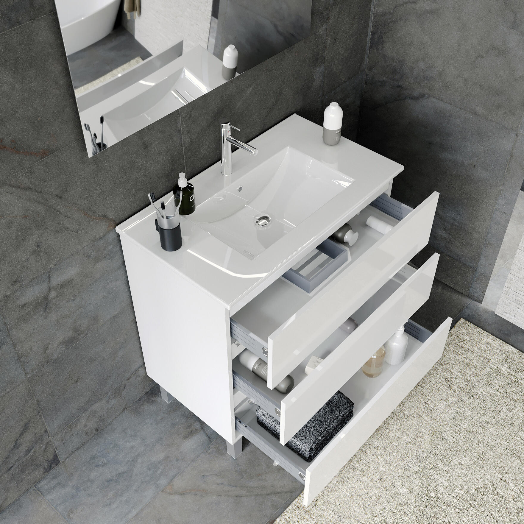 Móvel com lavatório 80cm 3 gavetas branco AML Trevi - 2