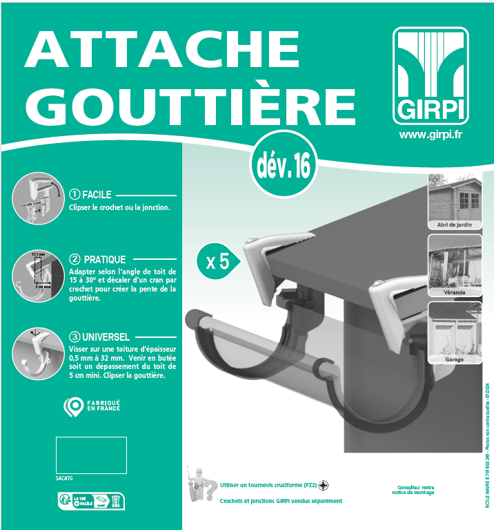 5 crochets universelle pvc gris GIRPI, Dév.16 cm - 3