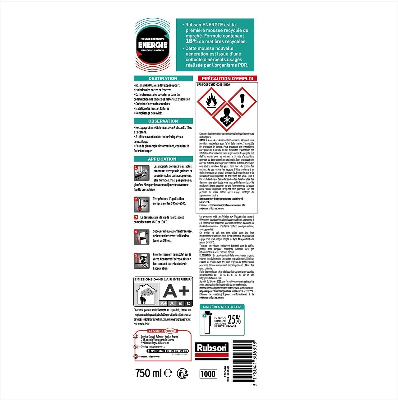 Mousse expansive polyuréthane universelle pistolable 750 ml - RUBSON Energie - 6
