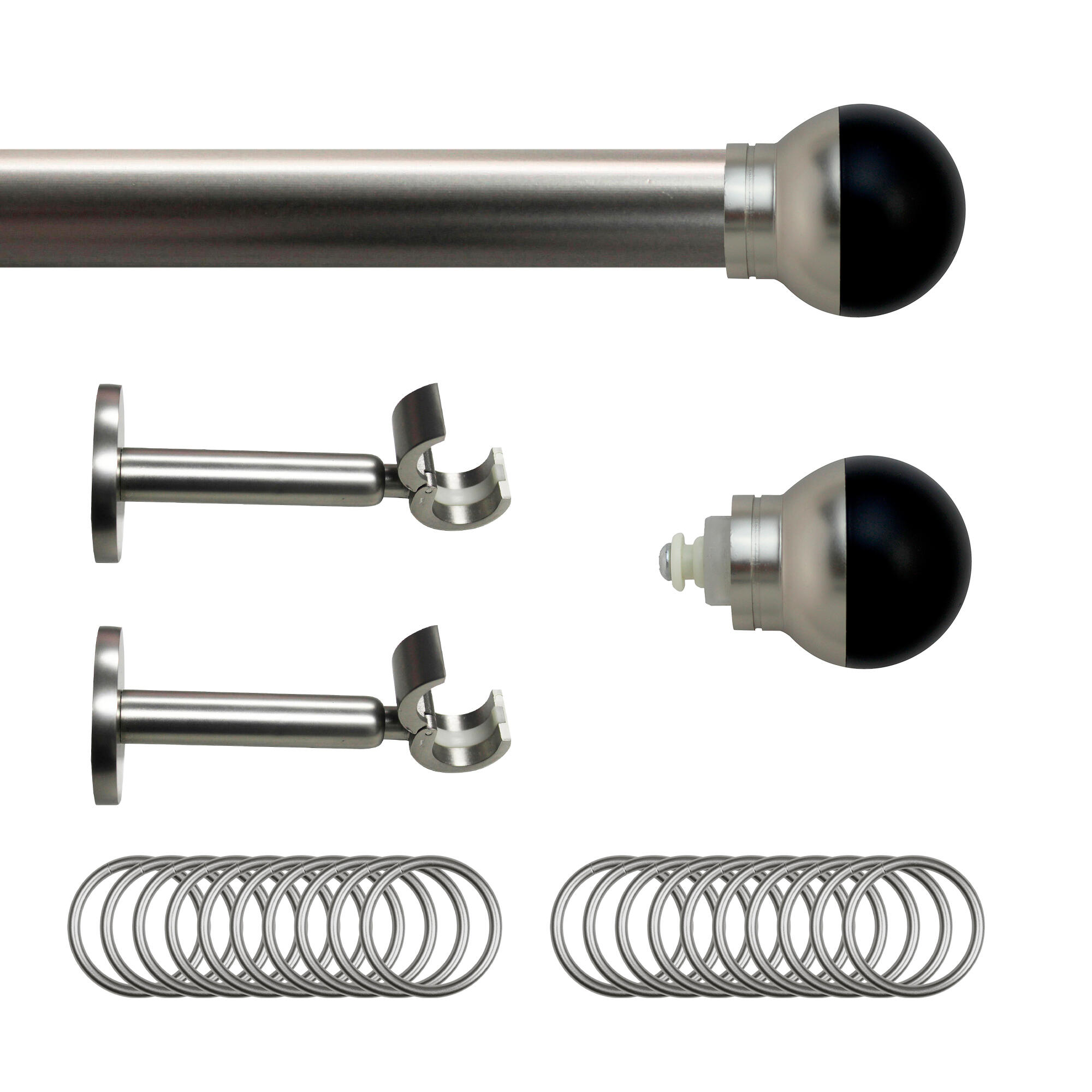 Set barra de metal diámetro 28mm cromo a pared 1.50m inspire con anillas bola bicolor