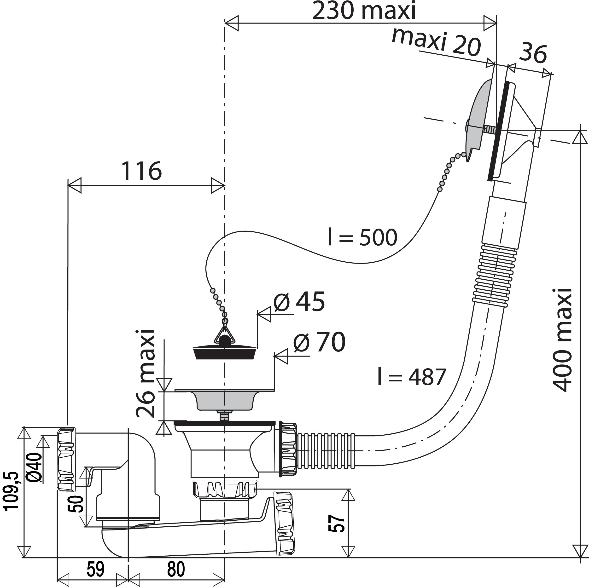 Vidage complet pour baignoire à bouchon Long.500 mm - VALENTIN - 2