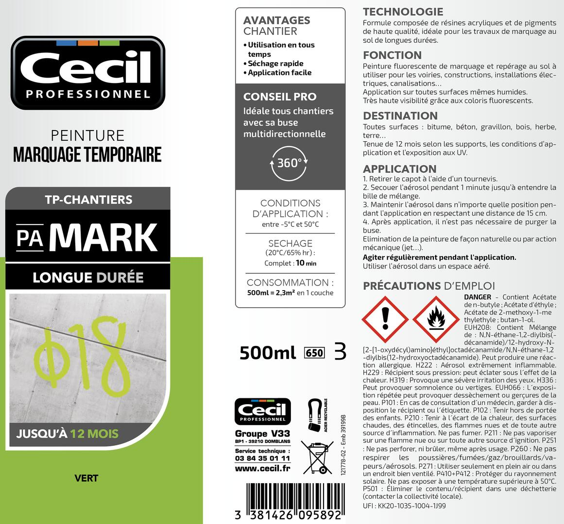 Peinture aérosol de marquage temporaire longue durée vert 500 ml - CECIL PRO - 2