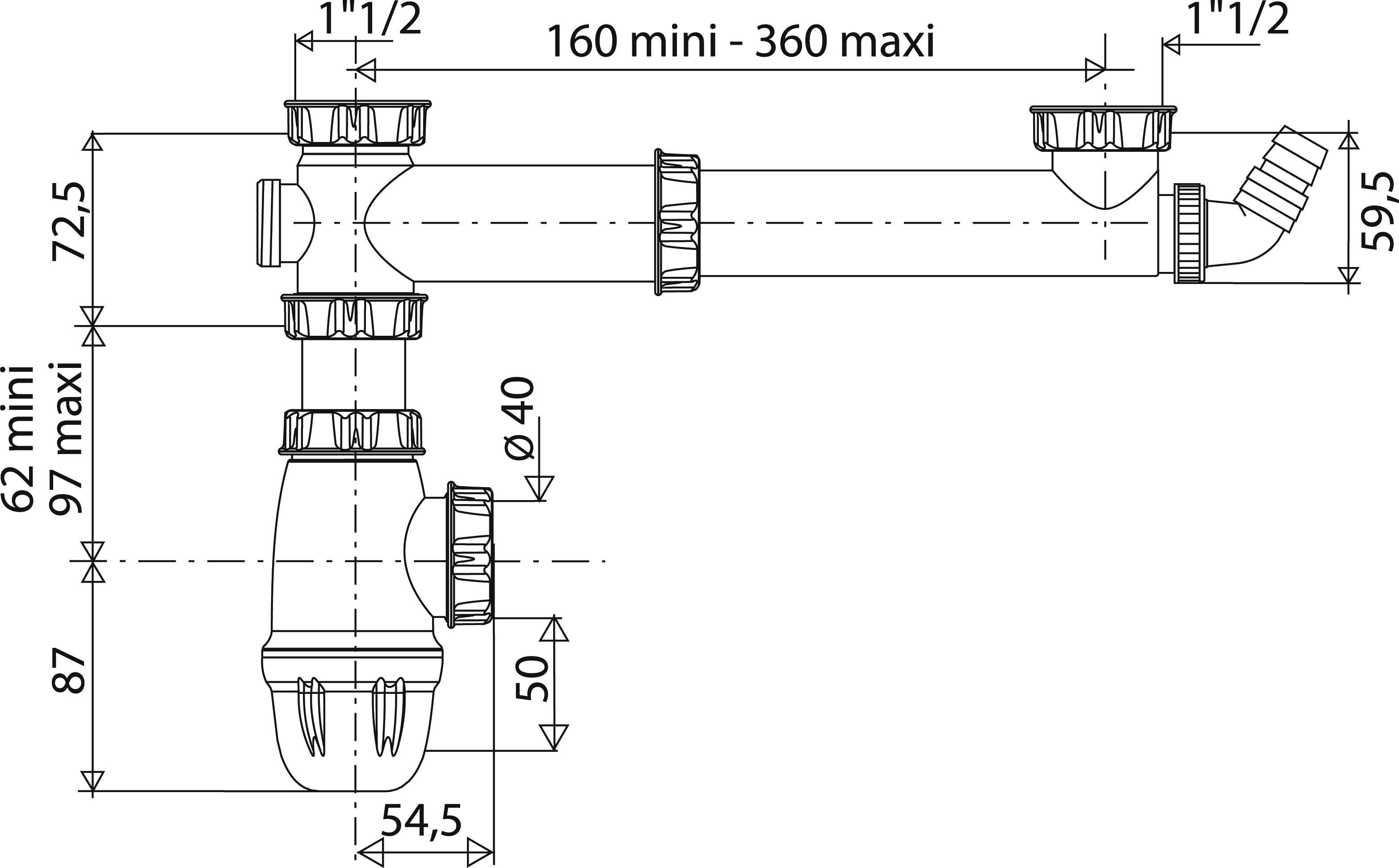 Siphon avec tubulure réglable pour évier 2 cuves Diam.40 mm gain de place VALENTIN - 2