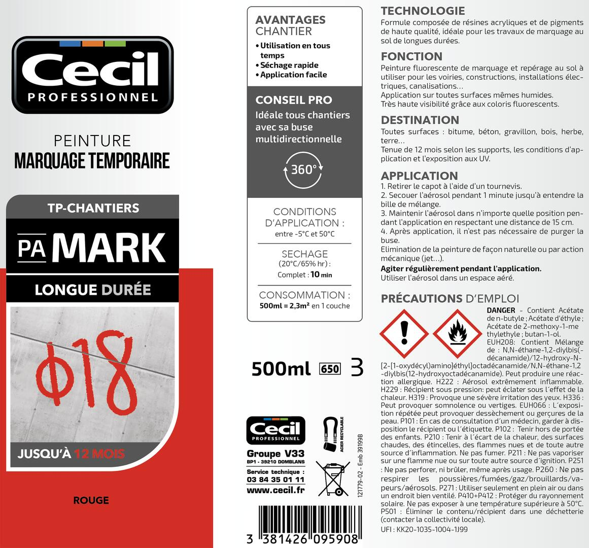 Peinture aérosol de marquage temporaire longue durée rouge 500 ml - CECIL PRO - 2