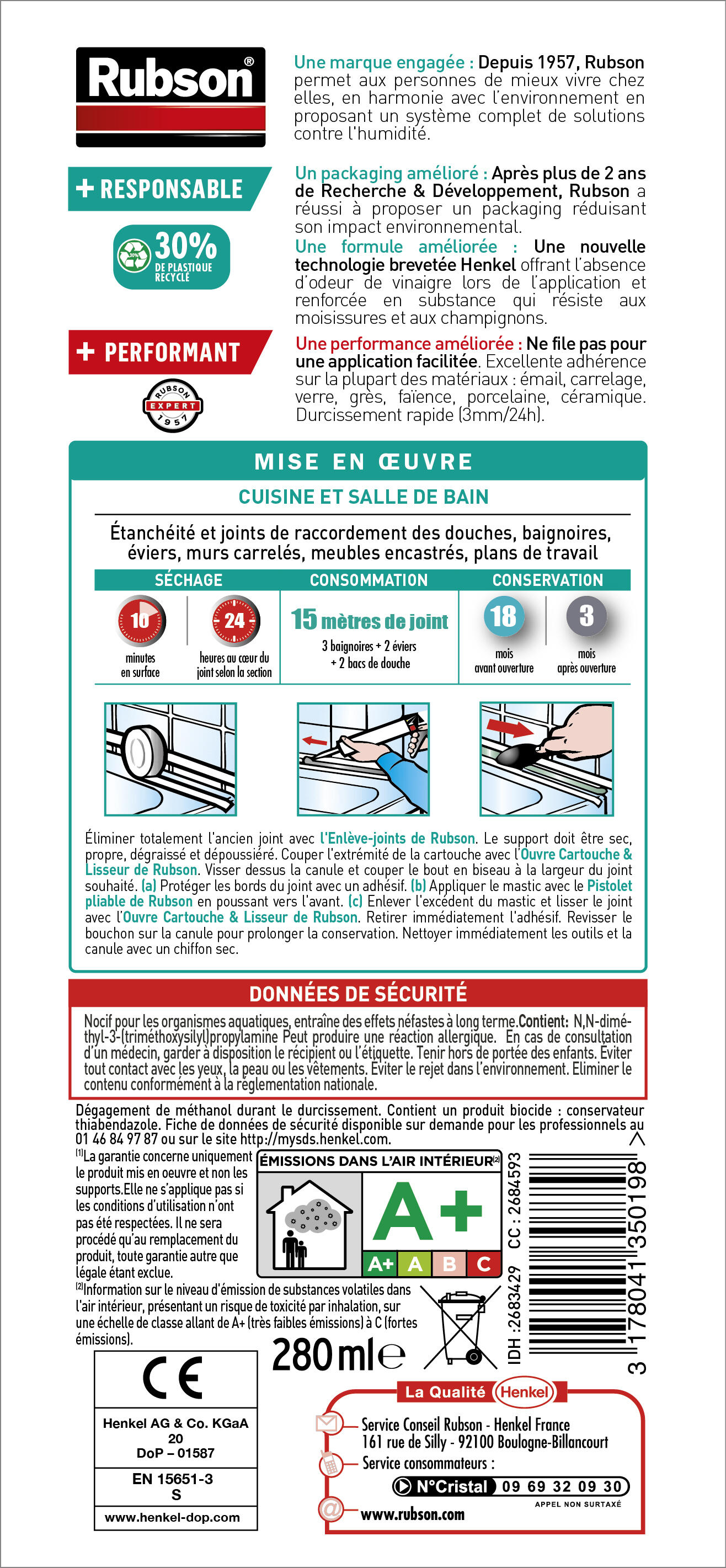 Mastic d'étanchéité Sanitaire pure RUBSON transparent 280ml - 6