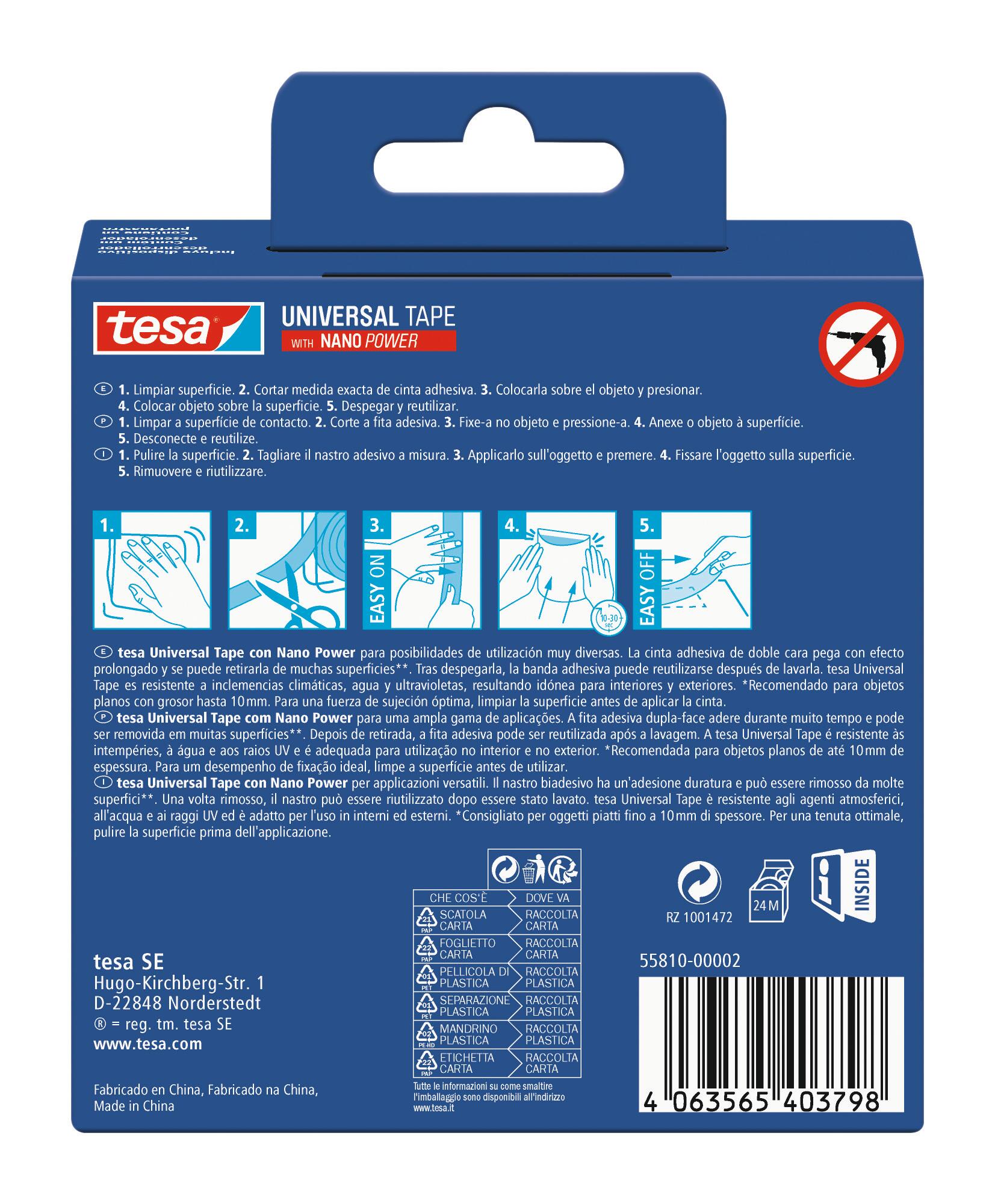Nastro adesivo, TESA Nanopower universale Double-sided per fissaggio, resistente ai raggi uv trasparente H 30 mm x L 3 mt - 11