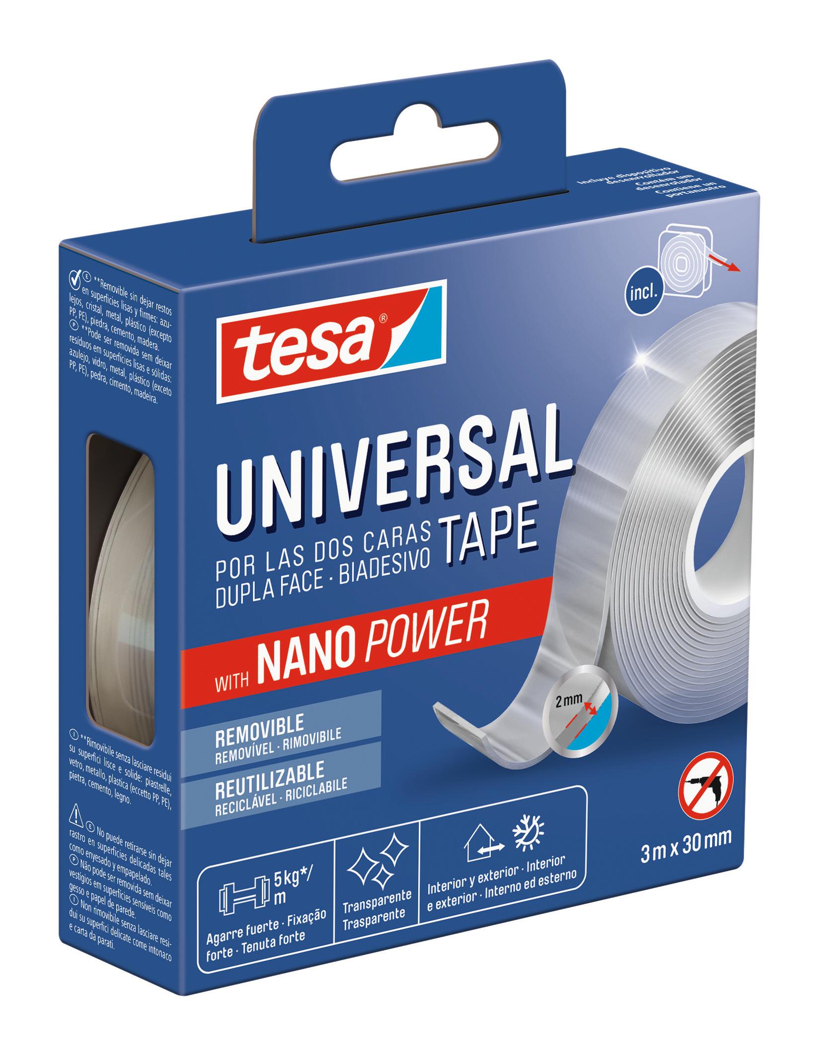 Nastro adesivo, TESA Nanopower universale Double-sided per fissaggio, resistente ai raggi uv trasparente H 30 mm x L 3 mt - 12