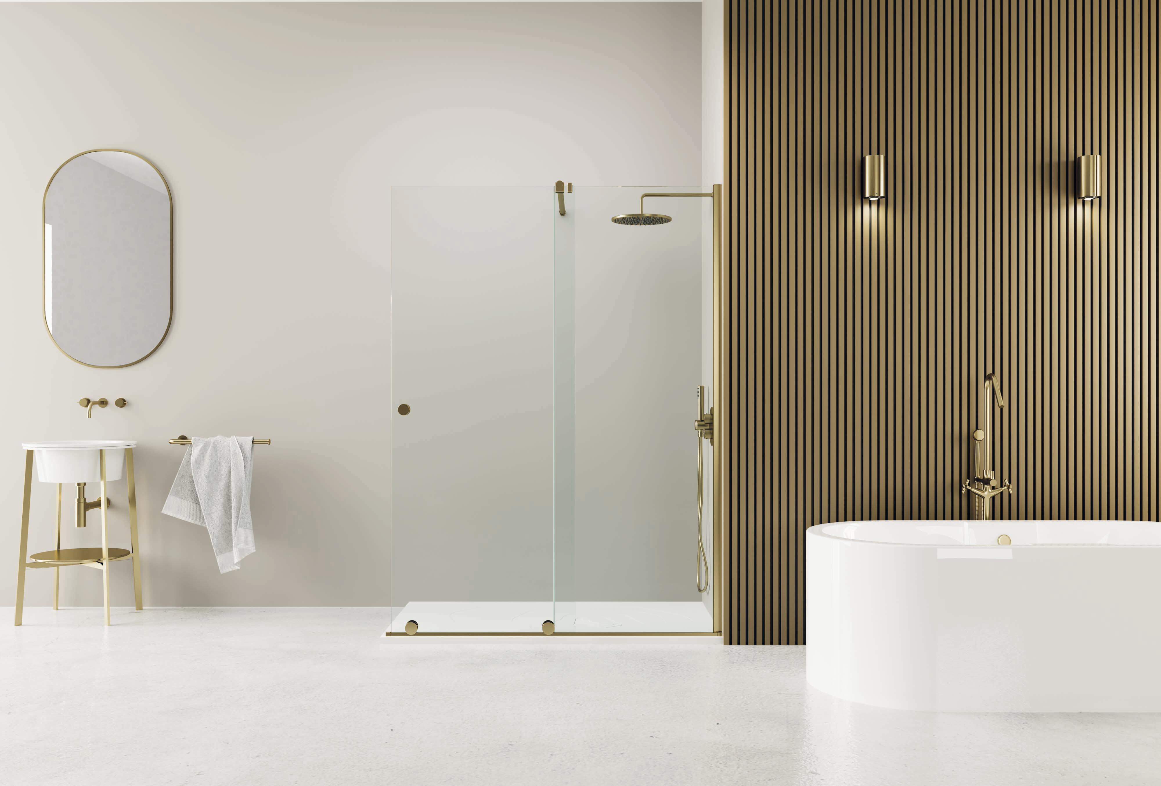 Mampara de ducha frontal 1 fijo + 1 puerta corredera transparente ionity perfil aluminio dorado (158-160)x200 cm cristal 8mm sin cierre sin guía inferior marca vanguard