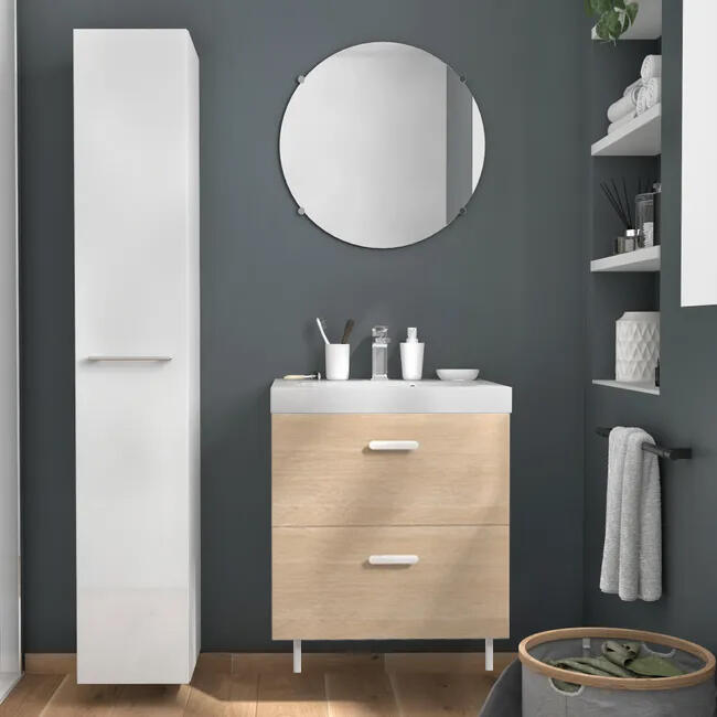 Mobile Sottolavabo Angela Per Bagno, 90 Cm, In MDF Rovere, Con Lavabo In Marmo Artificiale E Chiusura Soft-Close