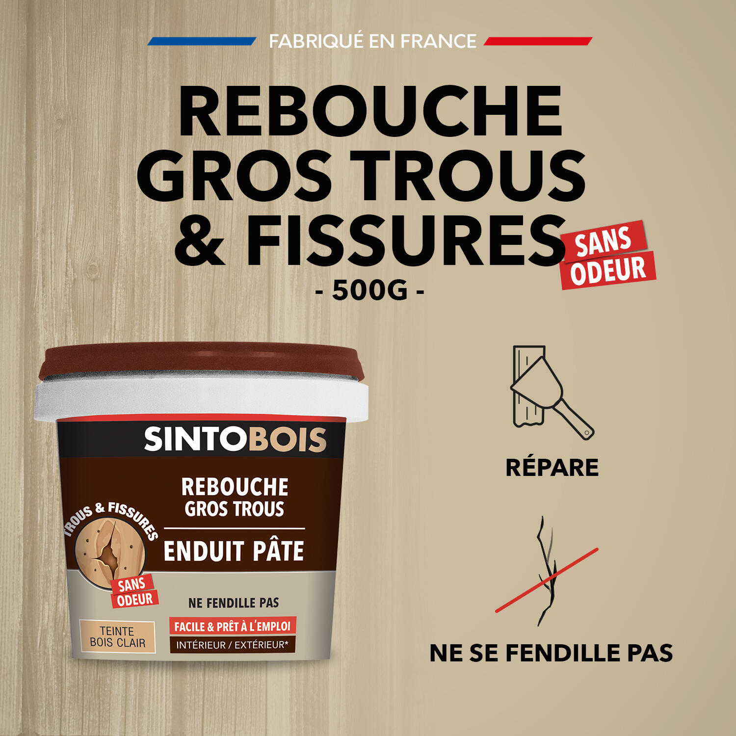 Enduit en pâte Gros trous SINTO bois clair 500 g - 3