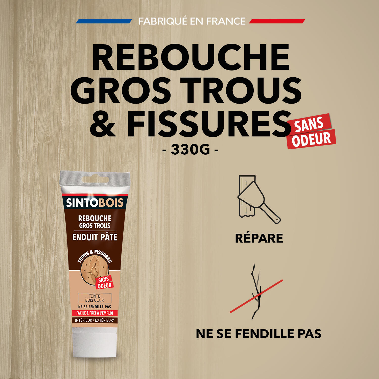 Enduit en pâte Gros trous SINTO bois clair 330 g - 3