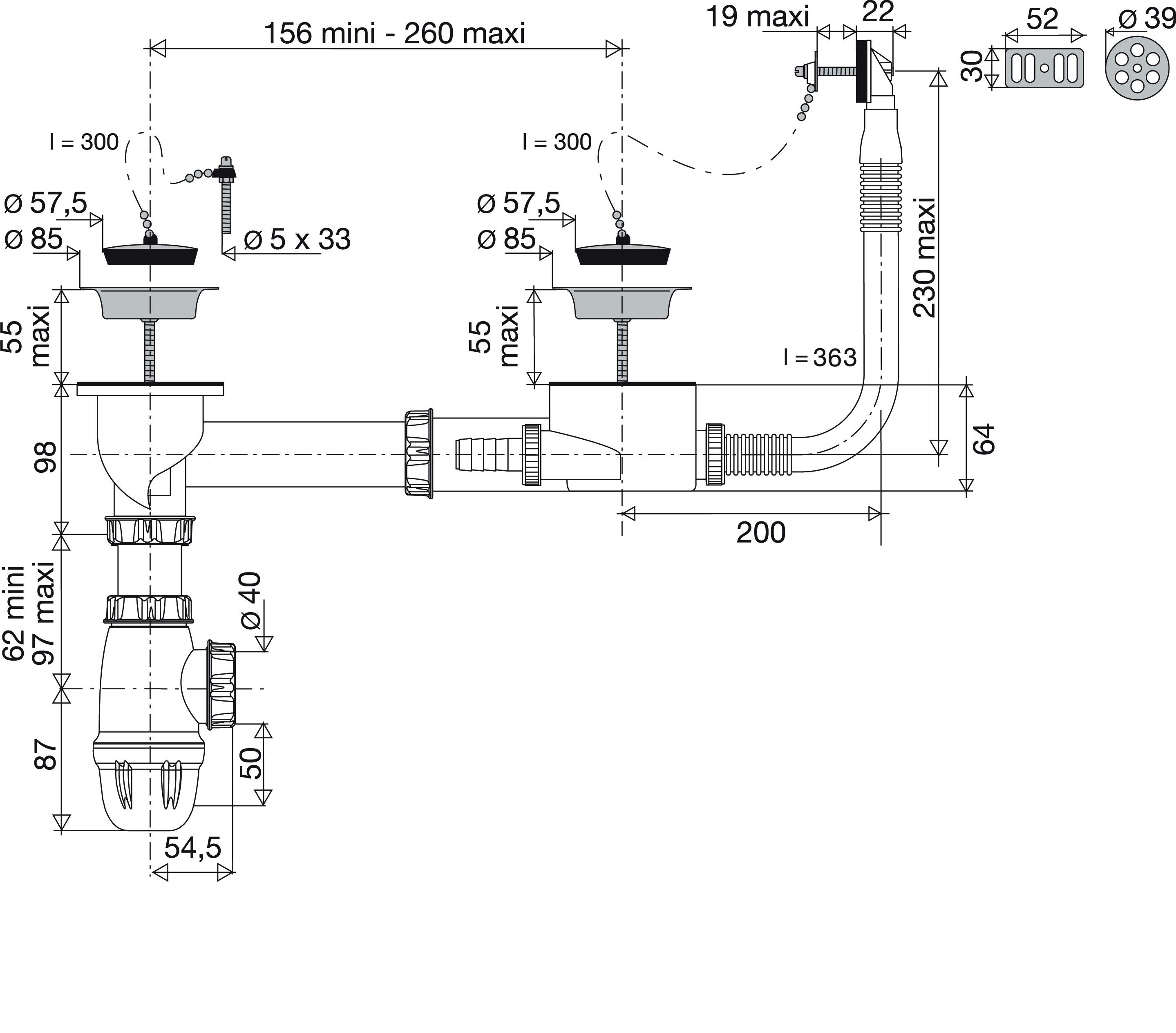 Equipement évier 2 cuves D.60mm, bouchon chromé D.57,5mm VALENTIN - 2