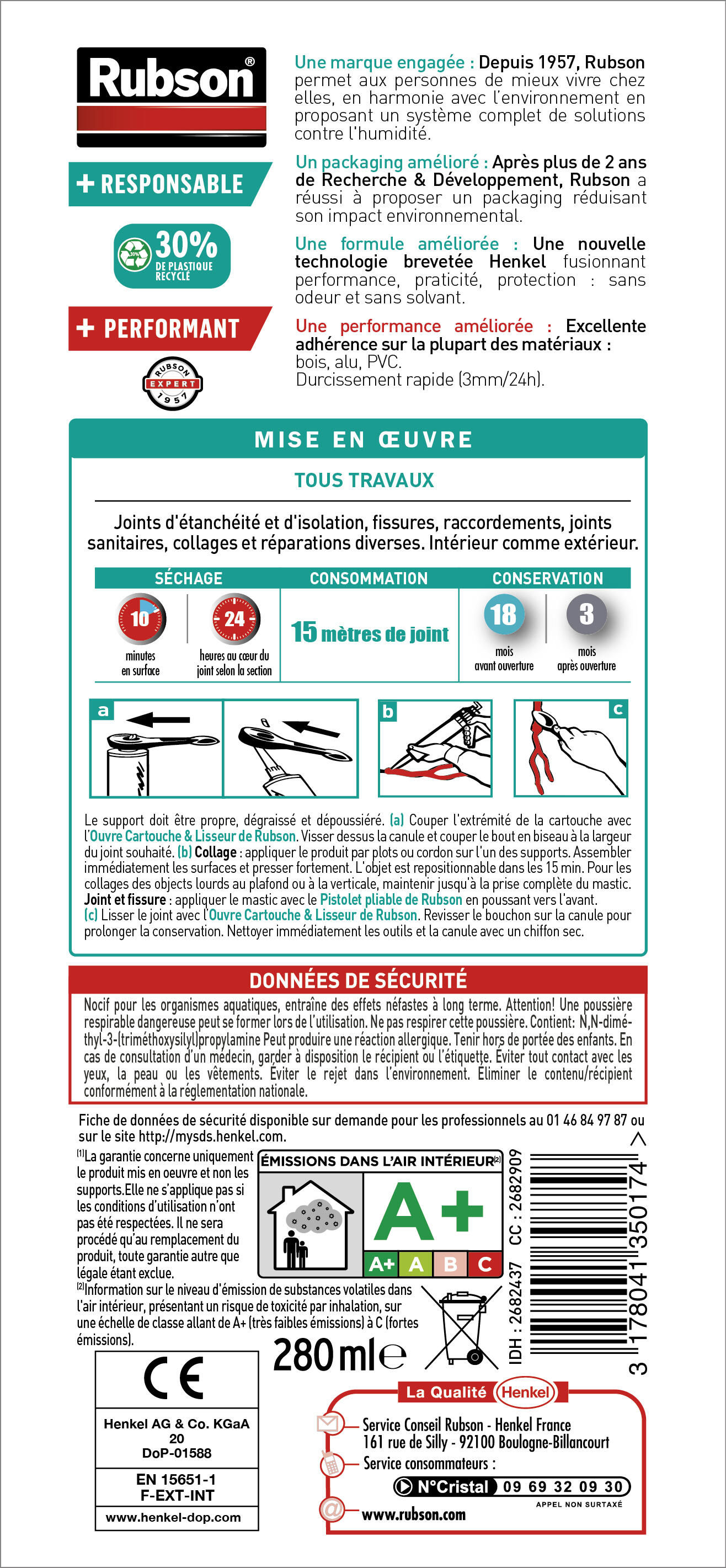 Mastic d'étanchéité Pure multi-usages RUBSON blanc 280ml - 2