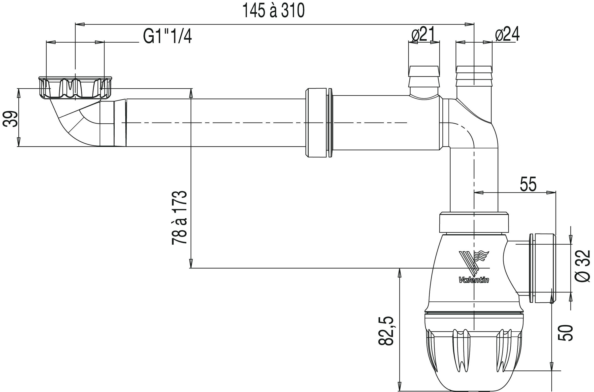 Siphon avec tubulure réglable pour lavabo Diam.32 mm gain de place réglable en hauteur blanc NF - VALENTIN Connectic - 2