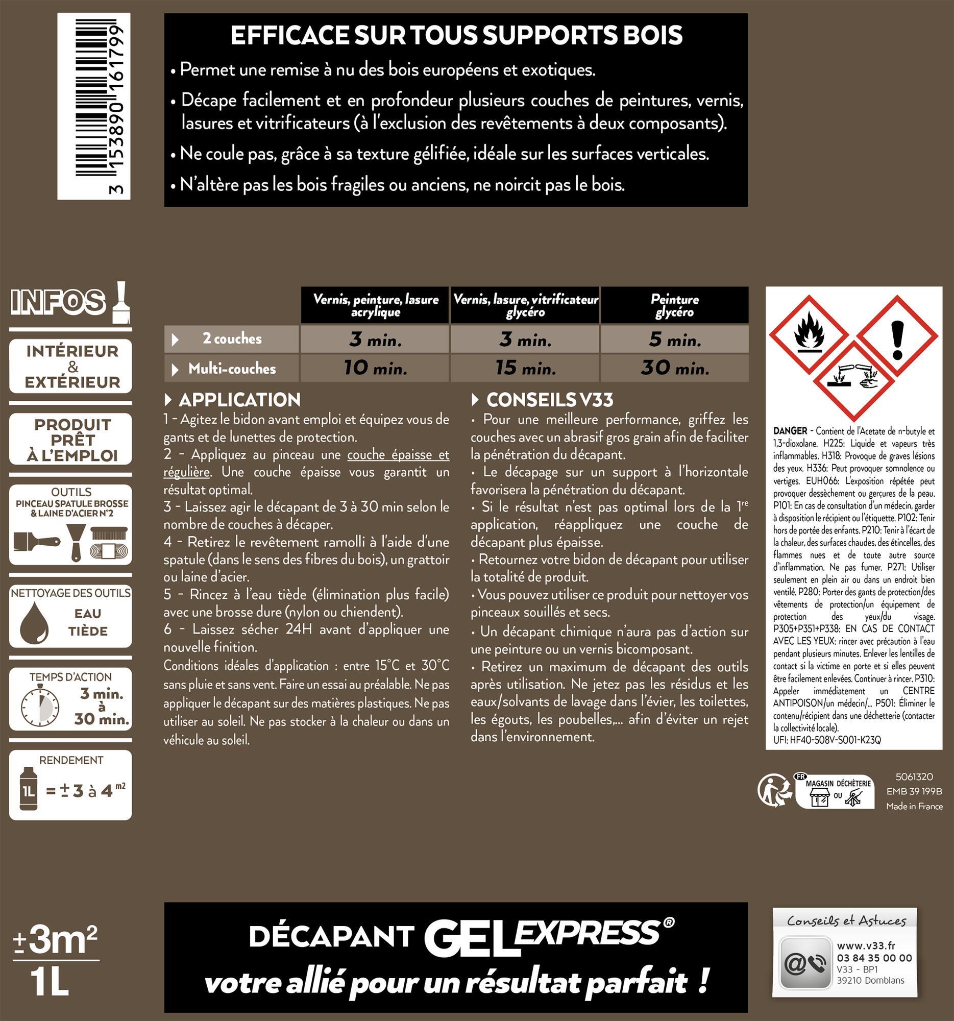 Décapant bois V33 Gel express 1L+20% gratuit - 2