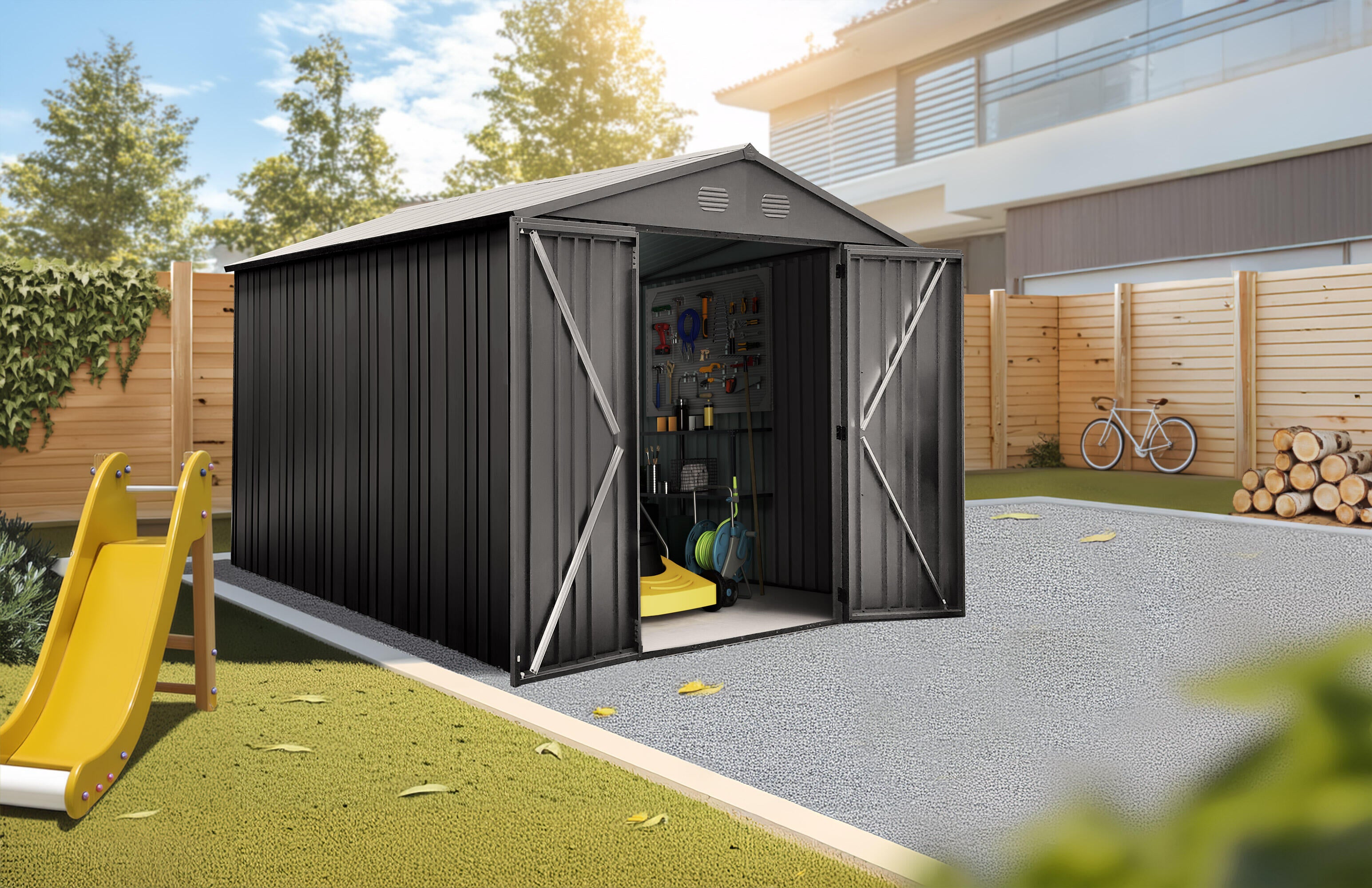 Caseta de metal Pioneer Y90 de 262x213x303 cm y 7.94 m2 con 0.6 mm espesor y doble puerta abatible HOGGAR - 10