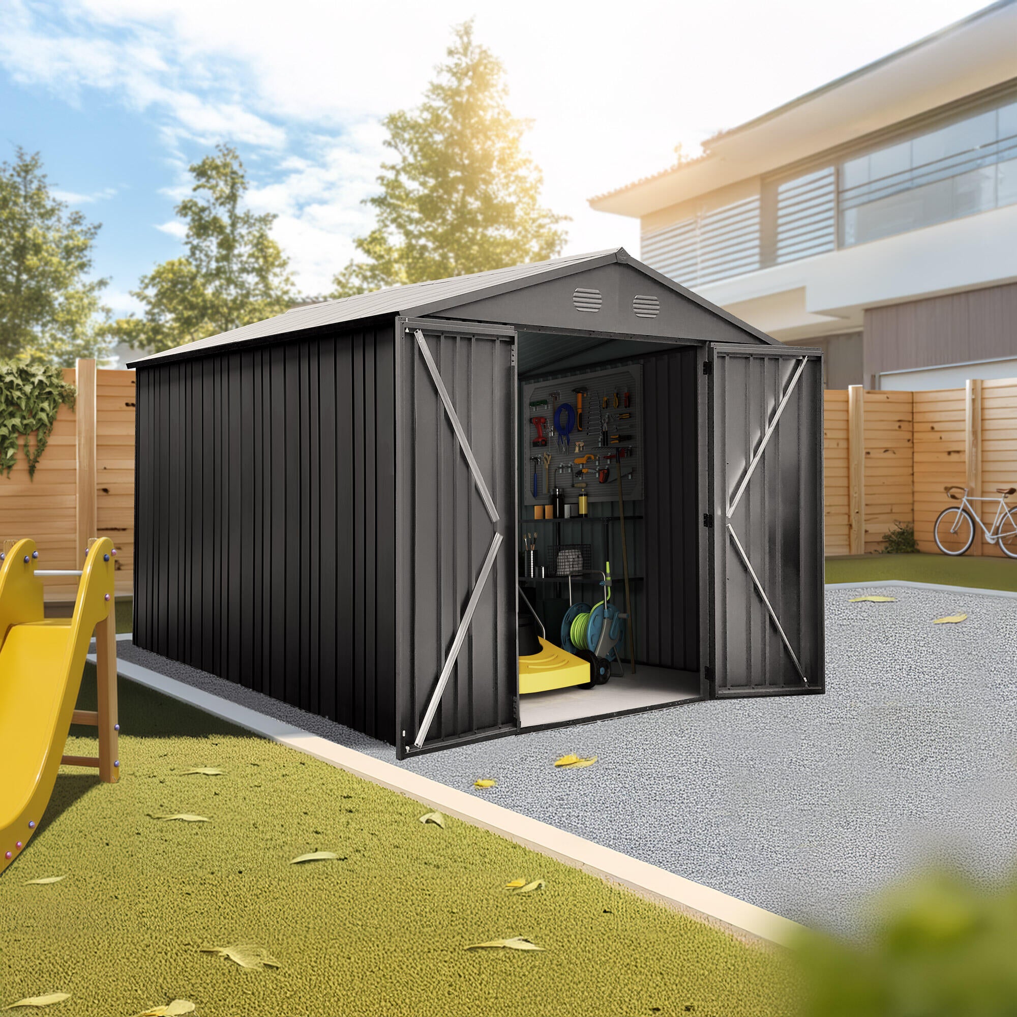 Caseta de metal Pioneer Y90 de 262x213x303 cm y 7.94 m2 con 0.6 mm espesor y doble puerta abatible HOGGAR - 9